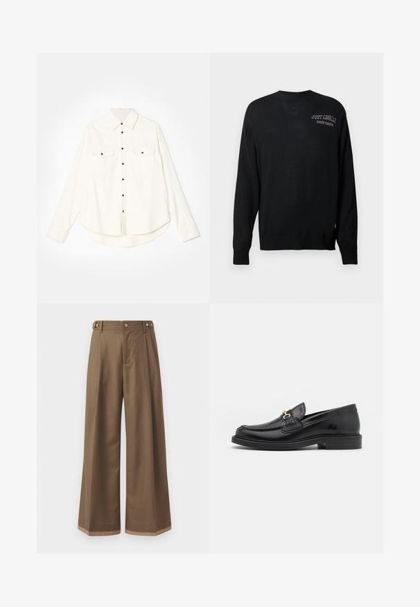 Pull en tricot noir à manches longues, col rond et poignets côtelés. Présente les inscriptions "JUST CAVALLI" et "FIRED EARTH" brodées en blanc.; Chemise blanche à boutons, à manches longues, avec deux poches poitrine, boutons noirs et ourlet arrondi. Fabriquée dans un tissu doux et texturé.; Pantalons à larges jambes en tissu marron foncé, avec deux poches latérales, deux boutons décoratifs à l'avant et un détail de ourlet contrastant.; Mocassins en cuir noir avec un embout rond, présentant des accents en métal doré et des détails de couture, montés sur une semelle en caoutchouc texturé et basse.