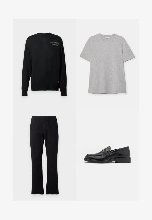 Zwarte gebreide trui met lange mouwen, ronde hals en ribgebreide boorden. Bevat de woorden "JUST CAVALLI" en "FIRED EARTH" geborduurd in het wit.; Grijze T-shirt met korte mouwen, gemaakt van zacht, textuurstof. Heeft een klassieke ronde hals en een rechte zoom, geschikt voor casual dragen.; Zwarte katoenen broek met een recht model, voorzijde met knoopsluiting en twee zijzakken; gladde textuur zonder zichtbare patronen.; Zwarte leren instappers met een ronde neus, voorzien van een gouden hardware accent en stikdetails, geplaatst op een lage, getextureerde rubberen zool.