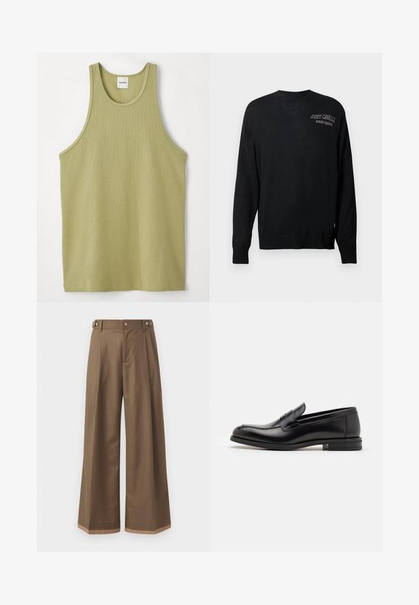 Μαύρο πλεκτό πουλόβερ με μακριά μανίκια, στρογγυλή λαιμόκοψη και ριμπ μανσέτες. Διαθέτει κεντημένα στα λευκά "JUST CAVALLI" και "FIRED EARTH".; Ανοιχτό πράσινο ριμπ μπουστάκι με στρογγυλή λαιμόκοψη και φαρδιές ανοιγές. Το ύφασμα φαίνεται μαλακό με μια λεπτή υφή και κανονικό στρίφωμα.; Μακριά παντελόνια από σκούρο καφέ ύφασμα, με δύο πλαϊνές τσέπες, δύο διακοσμητικά κουμπιά μπροστά και λεπτομέρεια στο τελείωμα σε αντίθεση.; Μαύρες δερμάτινες μπαλαρίνες με λεία υφή, στρογγυλή μύτη και διακοσμητική ταινία πάνω από το επάνω μέρος. Χαμηλός καπιτώνας, μινιμαλιστικός σχεδιασμός.