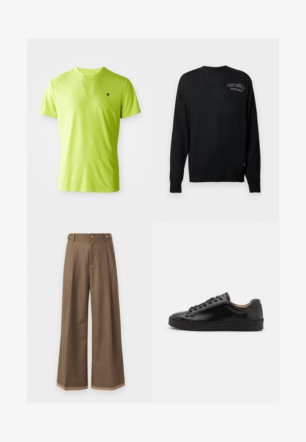 Suéter de punto negro con mangas largas, cuello redondo y puños acanalados. Presenta "JUST CAVALLI" y "FIRED EARTH" bordados en blanco.; Camiseta deportiva de manga corta verde lima brillante con un pequeño logo negro en el lado izquierdo del pecho, mostrada sobre un fondo blanco.; Pantalones de pierna ancha en un tejido marrón oscuro, con dos bolsillos laterales, dos botones decorativos en la parte delantera y un detalle de dobladillo en contraste.; Zapatilla de cuero negro con un acabado liso, puntera redonda y cordones negros. Presenta un logotipo mínimo en el talón y una suela de goma.