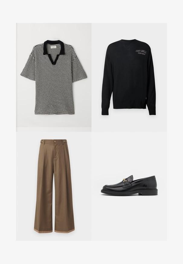 Černý pletený svetr s dlouhými rukávy, kulatým výstřihem a žebrovanými manžetami. Na svetr je vyšitý nápis "JUST CAVALLI" a "FIRED EARTH" v bílé barvě.; Černobílá polo tričko se čtvercovým vzorem, v-výstřih a kontrastním černým límcem. Krátké, široké rukávy zajišťují uvolněný střih.; Široké kalhoty z tmavě hnědé tkaniny, které mají dvě boční kapsy, dva dekorační přední knoflíky a kontrastní lem.; Černé kožené mokasíny s zaoblenou špičkou, vyznačující se zlatými kovovými detaily a prošíváním, umístěné na nízké, texturované gumové podrážce.