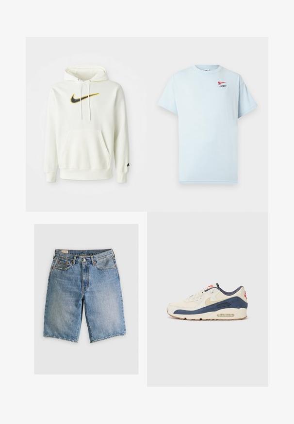 Sudadera blanca de algodón con un bolsillo frontal, que presenta un logotipo de Nike en negro y amarillo. Tiene una capucha con cordones y puños y dobladillo acanalados.; Camiseta de algodón azul claro con manga corta, cuello redondo y un logo de la marca Nike en rojo. El texto dice "DEPARTAMENTO ATLÉTICO. SOLO HAZLO."; Pantalones cortos de mezclilla en azul claro con un corte clásico. Cuenta con cinco bolsillos, acentos de costura naranja y dobladillos sin acabar.; Zapatillas con parte superior de cuero crema y gamuza azul marino, que presentan una suela de aire visible, suela de goma beige y un acento rojo en el talón.