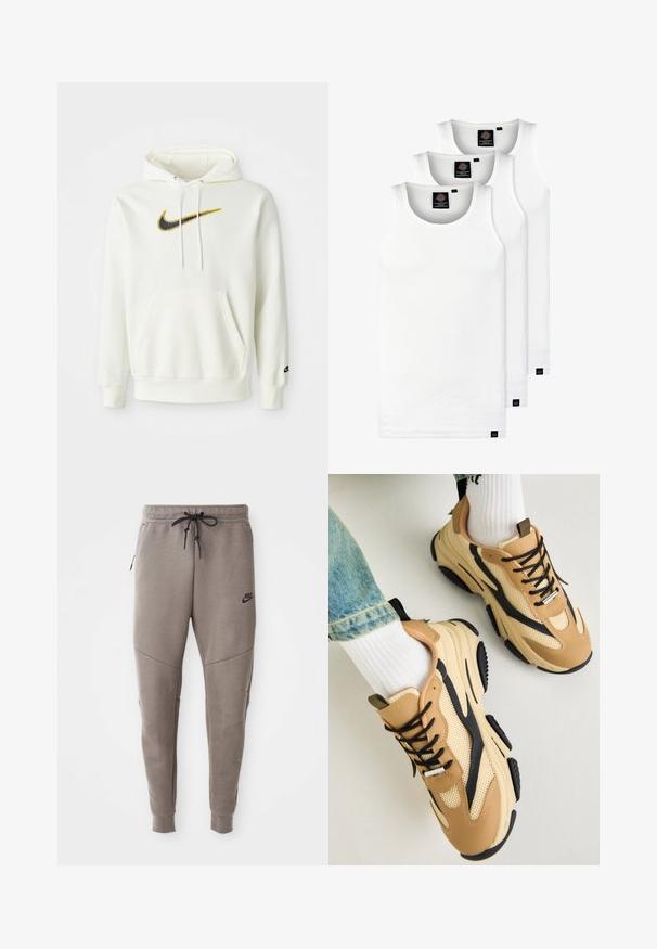 Weißer Baumwoll-Hoodie mit einer vorderen Tasche, der ein schwarzes und gelbes Nike-Logo zeigt. Er hat eine Kapuze mit Kordelzug sowie gerippte Bündchen und Saum.; Drei weiße, gerippte Tanktops aus Baumwolle. Merkmale einen Rundhalsausschnitt und kleine schwarze Etiketten am Saum. In mehreren Größen erhältlich.; Graue Nike-Sweatpants mit einem Kordelzugbund, schmal zulaufenden Beinen, seitlichen Taschen und auffälliger Nahtgestaltung. Weicher, strukturiert Stoff.; Steve Madden POSSESS - Sneaker low - khaki