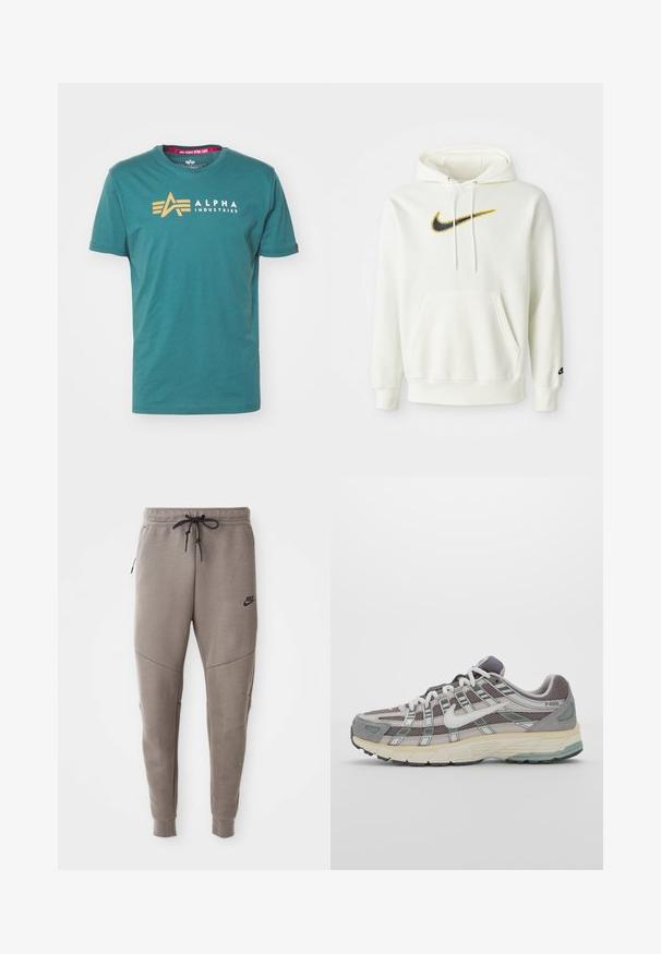 Bílá bavlněná mikina s kapucí, přední kapsou a černým a žlutým logem Nike. Má stahovací kapucu a žebrované manžety a dolní lem.; Tyrkysové bavlněné tričko s krátkým rukávem. Na přední straně se nachází zlaté logo a text "ALPHA INDUSTRIES". Klasický kulatý výstřih.; Šedé Nike tepláky s elastickým pasem na šňůrku, zúženými nohavicemi, bočními kapsami a charakteristickým švem. Měkká, strukturovaná tkanina.; Šedá sportovní obuv s vrchní částí z mikrovlákna a semiše, bílými akcenty, polstrovanou podrážkou a jedinečným designem s reflexními prvky.
