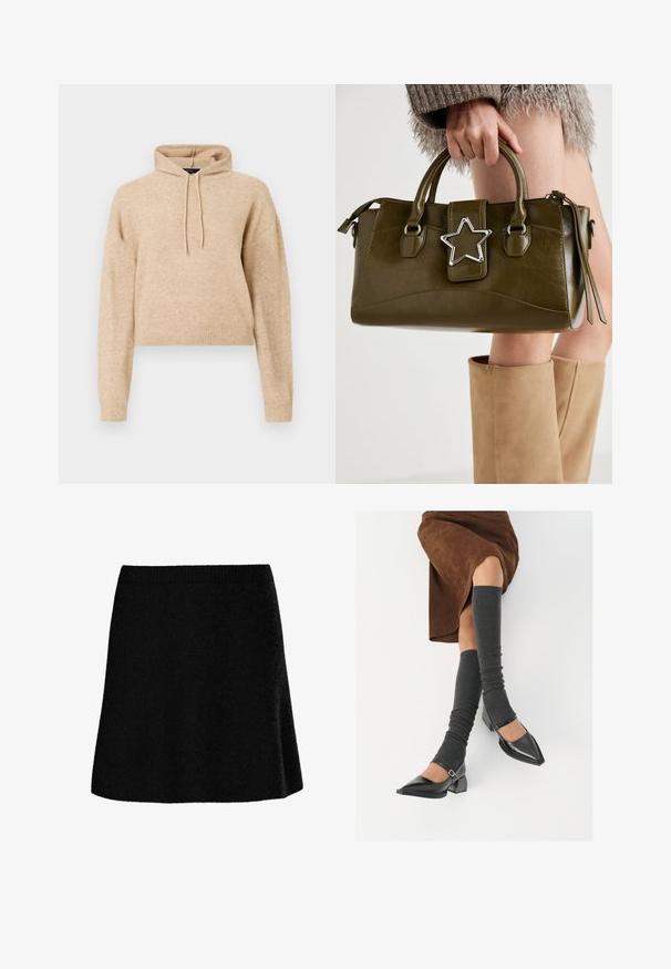 Bežs cropped adīts džemperis ar garām piedurknēm un aukliņu kapuci, attēlots uz baltas fona.; Melnā A-veida svārki ar teksturētu, mīkstu audumu. Tiem ir pieguloša jostasvietas daļa un izliekta silueta, kas nodrošina gludu, ikdienišķu izskatu.; Melnas laka ādas apavi ar norādītu purngalu, blokveida papēdi un potīšu jostu, saskaņoti ar pelēkām ribotām kāju sildītājām un brūnu zamšādas svārku.; Olive zaļš mākslīgās ādas rokassomu ar sudraba zvaigznes akcentu, divām rokturiem un rāvējslēdzēja aizdari. Strukturēta forma un teksturēta virsma.