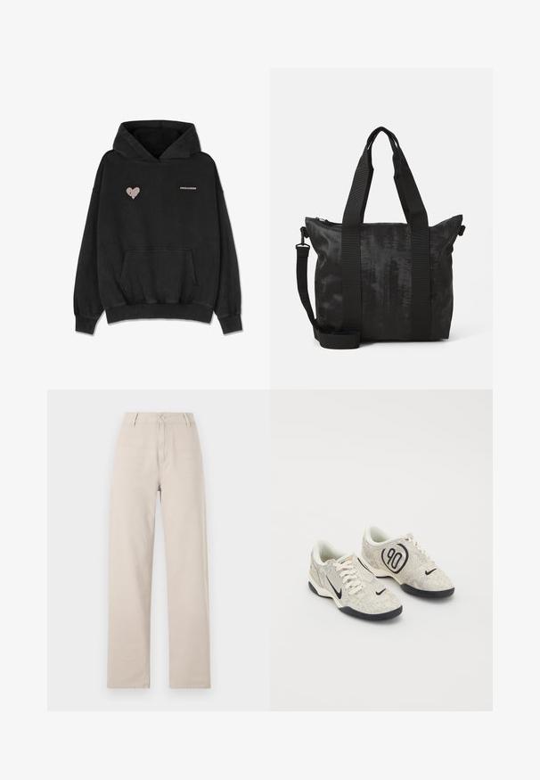 Mustade kapuutsiga dressipluus pehmest kangast, millel on ees tasku, ribatakistusega varrukad ja alläär, ning südamekujuline disain koos halli tekstiga "PEGADOR".; Beige laiendid püksid puuvillast, millel on eesnuppude sulgemine, vöörihmade silmad ja klassikaline lõige puhaste joontega.; Nike spordijalatsid beeži ja halli tekstuuriga ülemise osa, mustade aktsentidega, suure "90" logoga ja valge sidumisega. Must tald.; Must mustkott mustekangaga, kahe ülemise sangaga ja eemaldatava õlarihmaga. Omab lukuga sulgemist, et tagada turvaline hoiustamine.