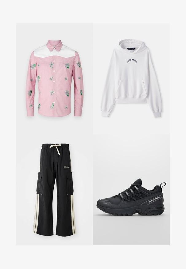 Hvid hættetrøje lavet af bomuld med en frontlomme i kengurustil, ribbede manchetter og kant. Har et sort "Palm Angels" logo broderet på brystet.; Langærmet skjorte i pink og hvid. Har blomsterbroderi og en hvid bærestykke. Fremstillet af et letvægtsstof med en knaplukning foran.; Sorte cargo bukser med elastisk talje og snoretræk, har cremefarvede sidelommer, flere lommer og logo detalje foran.; Sorte sportsko med en mesh-overdel, gummisål og reflekterende detaljer. Har en polstret sål og snørebåndslukning.