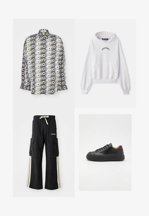 Sudadera blanca de algodón con un bolsillo canguro frontal, puños acanalados y dobladillo. Presenta un logotipo bordado en negro de "Palm Angels" en el pecho.; Camisa de manga larga hecha de tela ligera, con un patrón repetido de ojos en tonos verdes y grises con acentos en negro y botones.; Pantalones cargo negros con cinturilla elástica y cordón, presentan franjas laterales color crema, múltiples bolsillos y detalle de logo en la parte delantera.; Zapatilla de cuero negra con puntera redonda, cordones en la parte frontal, textura suave, suela de goma gruesa y un interior marrón claro que contrasta.