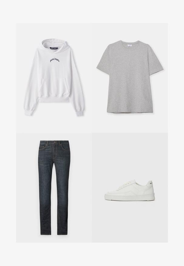 Hanorac alb din bumbac, cu buzunar frontal tip kanguru, mansete și tiv cu bandă elastică. Prezintă un logo brodat "Palm Angels" în culoare neagră pe piept.; T-shirt scurt gri, fabricat dintr-un material moale și texturat. Dispune de un guler clasic și o margine dreaptă, fiind potrivit pentru purtarea zilnică.; Blugi din denim de culoare albastru închis, cu croială dreaptă, închidere cu nasture și cinci buzunare. Materialul are o textură netedă, cu detalii de cusătură subtile.; Sneakers din piele albă cu un finisaj neted, vârf rotund, șireturi plate și o talpă texturată. Prezintă un logo subtil pe călcâi.