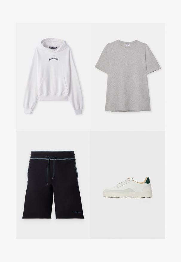 Biała bluza z kapturem wykonana z bawełny, z przednią kieszenią typu kangaroo, elastycznymi mankietami i dołem. Posiada czarne logo "Palm Angels" wyhaftowane na klatce piersiowej.; Szary krótki rękaw T-shirt wykonany z miękkiego, fakturowanego materiału. Posiada klasyczny okrągły dekolt i prosty dół, idealny do noszenia na co dzień.; Czarne szorty z elastycznym paskiem, z niebieskimi akcentami po bokach, wykonane z miękkiego materiału. Logo haftowane na dolnym hemie.; Białe trampki z zamszowymi akcentami, zaokrąglony czubek, płaskie sznurowadła i kremowa gumowa podeszwa. Posiadają zielone logo na pięcie.