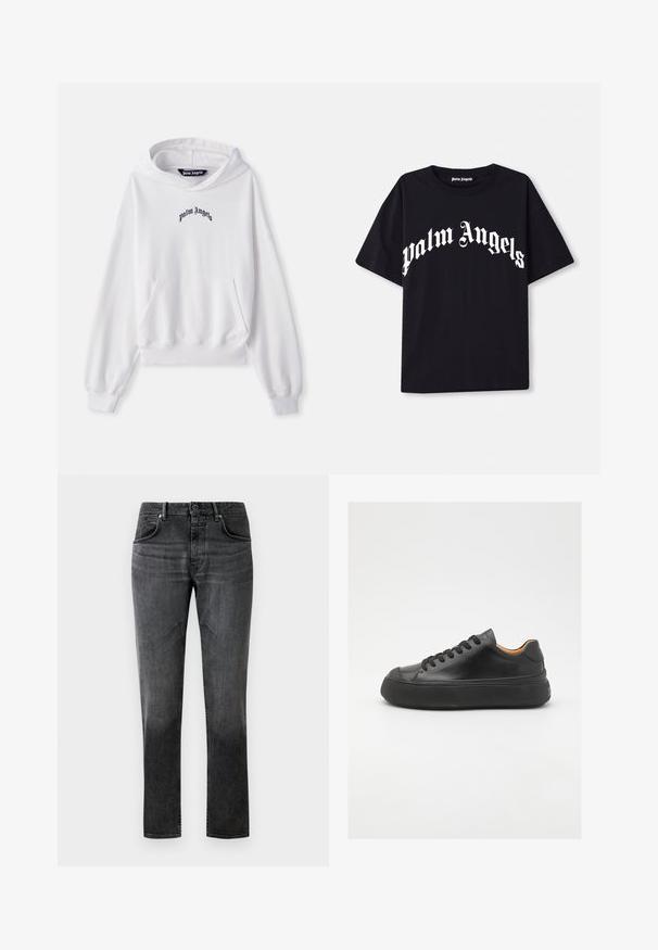 White hoodie made of cotton with a front kangaroo pocket, ribbed cuffs, and hem. Features black "Palm Angels" logo embroidered on the chest.; Black cotton t-shirt with short sleeves and a crew neckline, featuring white “palm angels” text in a curved, ornate font across the front.; Black denim jeans with a straight cut, five-pocket design, and subtle fade. Features a button closure and belt loops. Smooth texture.; Black leather sneaker with a round toe, lace-up front, smooth texture, thick rubber sole, and contrasting tan interior.