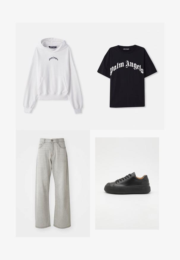 Bijela majica s kapuljačom od pamuka s prednjim kangaroo džepom, rebrastim manžetama i rubom. Sadrži crni izvezeni logo "Palm Angels" na prsima.; Crna pamučna majica kratkih rukava s okruglim izrezom, koja s prednje strane ima bijeli tekst "palm angels" ispisan u zakrivljenom, ukrašenom fontu.; Svijetlosive traperice širokih nogavica izrađene od denima. Sadrži klasičan dizajn s pet džepova, zatvaranje na gumb i suptilno izbljeđivanje na tkanini.; Crne kožne tenisice s okruglim vrhom, vezanjem sprijeda, glatkom teksturom, debelim gumenim potplatom i kontrastnim svijetlosmeđim unutrašnjim dijelom.