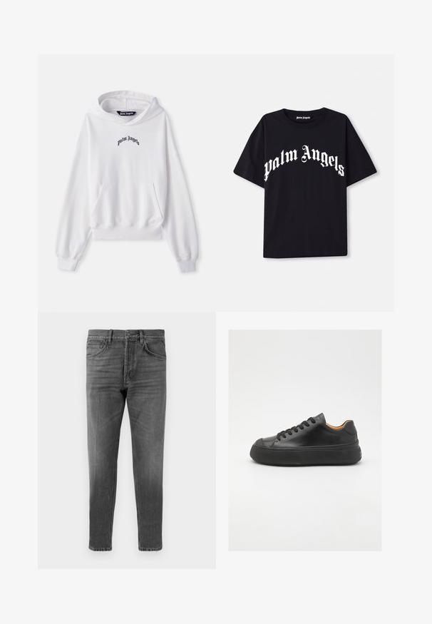 White hoodie made of cotton with a front kangaroo pocket, ribbed cuffs, and hem. Features black "Palm Angels" logo embroidered on the chest.; Black cotton t-shirt with short sleeves and a crew neckline, featuring white “palm angels” text in a curved, ornate font across the front.; Gray denim jeans with a straight-leg cut, featuring a classic five-pocket design and subtle fading. Button and zipper closure at waistband.; Black leather sneaker with a round toe, lace-up front, smooth texture, thick rubber sole, and contrasting tan interior.
