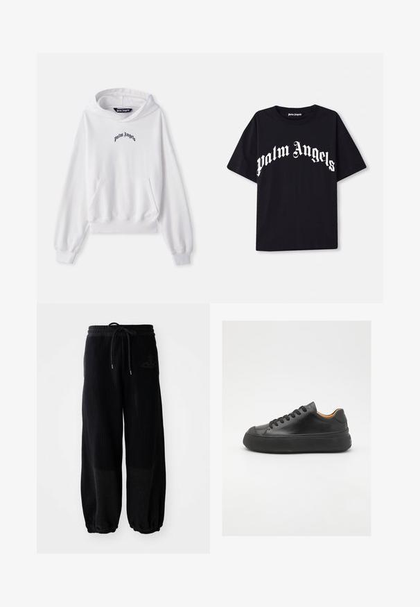 Hoodie blanc en coton avec une poche kangourou à l'avant, des poignets et un ourlet côtelés. Présente le logo noir "Palm Angels" brodé sur la poitrine.; T-shirt en coton noir à manches courtes et col rond, avec le texte blanc "palm angels" en police cursive et ornée sur le devant.; Pantalon de jogging large noir à côtes avec une taille élastique et un cordon de serrage. Présente un logo discret, un tissu texturé et des poignets froncés.; Baskets noires en cuir avec un bout arrondi, lacets à l'avant, texture lisse, semelle en caoutchouc épaisse et intérieur contrastant en tan.