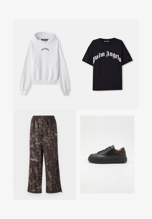 Witte hoodie van katoen met een vooraanstaande kangoeroezak, ribgebreide manchetten en onderkant. Bevat een zwart geborduurd 'Palm Angels' logo op de borst.; Zwarte katoenen t-shirt met korte mouwen en een ronde hals, voorzien van witte "palm angels" tekst in een gebogen, sierlijk lettertype over de voorkant.; Brede broekspijpen met een donkerbruine basis en een gouden textuurpatroon. Elastische tailleband met een logo-label aan de zijkant.; Zwarte leren sneaker met een ronde neus, vetersluiting aan de voorkant, een gladde textuur, dikke rubberen zool en contrasterende tan interieur.