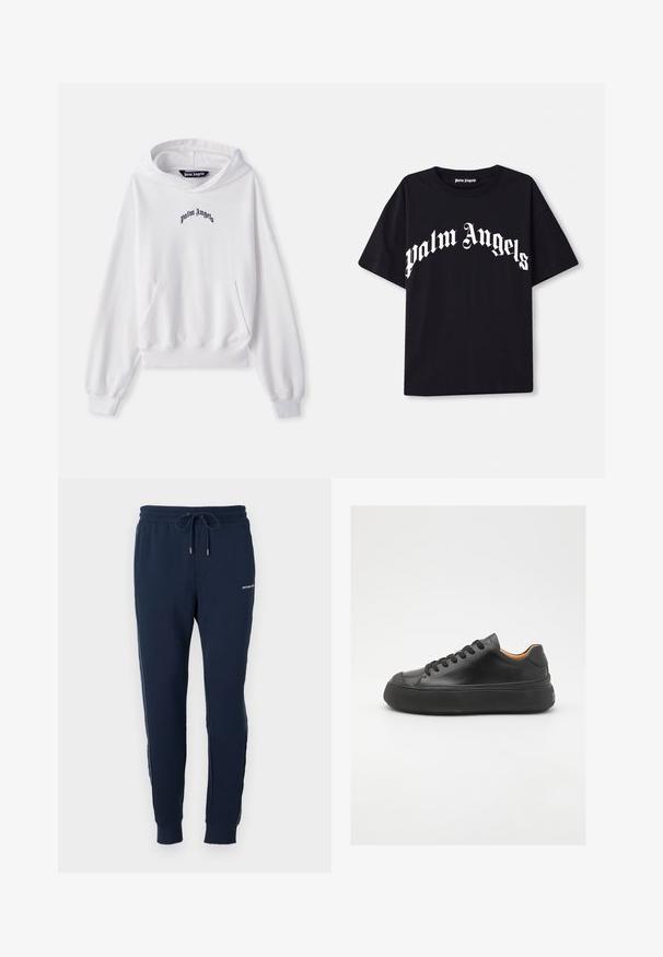 Balta kapuci džemperis, izgatavots no kokvilnas, ar priekšējo kangaroo kabatu, ribotiem piedurkņu galiem un apakšmalu. Uz krūtīm ir melns izsistais "Palm Angels" logo.; Melnas kokvilnas T-krekls ar īsām piedurknēm un apaļo kakla izgriezumu, ar baltu tekstu "palm angels" izliektā, greznā fontā uz priekšpuses.; Tumši zila sporta bikses ar elastīgu jostu, auklu, sānu svītrām un logotipa detaļu uz gurniem. Izgatavotas no mīksta, gluda auduma.; Melna ādas sporta kurpe ar apaļu purngalu, ar auklēm priekšā, gluda tekstūra, bieza gumijas zole un kontrastējošs brūns iekšpuses materiāls.