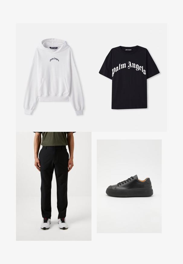 Bijela majica s kapuljačom od pamuka s prednjim kangaroo džepom, rebrastim manžetama i rubom. Sadrži crni izvezeni logo "Palm Angels" na prsima.; Crna pamučna majica kratkih rukava s okruglim izrezom, koja s prednje strane ima bijeli tekst "palm angels" ispisan u zakrivljenom, ukrašenom fontu.; Crne hlače s glatkom teksturom i regularnim krojem, s prednjim džepom i petljama za remen, nosi se s bijelim golf cipelama.; Crne kožne tenisice s okruglim vrhom, vezanjem sprijeda, glatkom teksturom, debelim gumenim potplatom i kontrastnim svijetlosmeđim unutrašnjim dijelom.