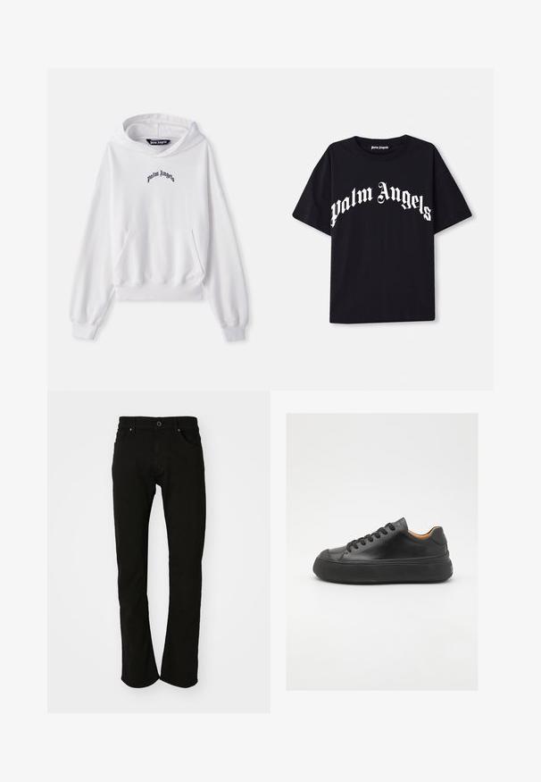 Valge puuvillane kapuutsiga dressipluus ees oleva kängurupocketiga, soonikkoes varrukate ja äärtega. Rinnal on must "Palm Angels" logo tikandina.; Mustmust koos lühikeste varrukatega ja ümberkaudse kaelusega must puuvillane t-särgi, mille esiosal on kaarjas ja rikkalikus fontis valge "palm angels" tekst.; Mustad denimpüksid sirge lõikega, klassikalise vöökohaga, ees taskutega ja siledast tekstuurist. Nähtavad mustrid või aktsendid puuduvad.; Mustmust mustarist king kätšiga, ümar varvas, nöörimisega esiosa, sile tekstuur, paks kummist tall ja kontrastne pruun sisemus.