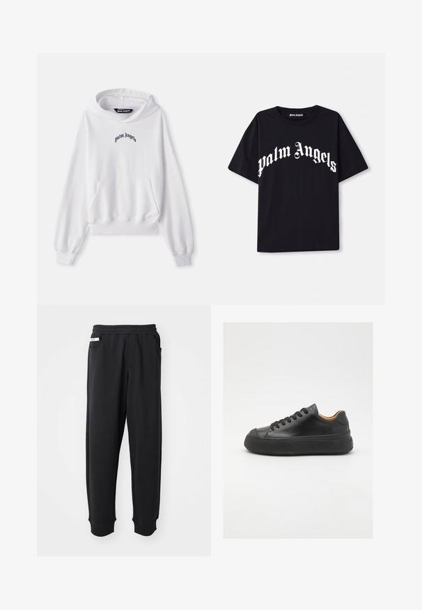 Witte hoodie van katoen met een vooraanstaande kangoeroezak, ribgebreide manchetten en onderkant. Bevat een zwart geborduurd 'Palm Angels' logo op de borst.; Zwarte katoenen t-shirt met korte mouwen en een ronde hals, voorzien van witte "palm angels" tekst in een gebogen, sierlijk lettertype over de voorkant.; Zwarte sweatpants van zachte stof, met een elastische tailleband, zijzakken en geribbelde boorden bij de enkels. Minimalistisch ontwerp.; Zwarte leren sneaker met een ronde neus, vetersluiting aan de voorkant, een gladde textuur, dikke rubberen zool en contrasterende tan interieur.