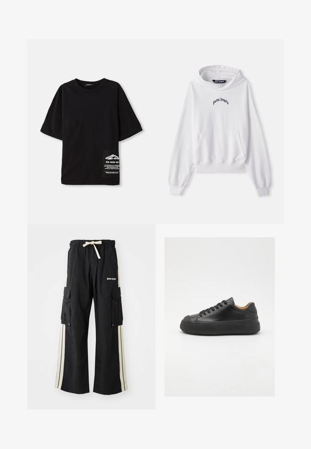 White hoodie made of cotton with a front kangaroo pocket, ribbed cuffs, and hem. Features black "Palm Angels" logo embroidered on the chest.; Black oversized t-shirt made of cotton, featuring short sleeves, a round neckline, and a label with white text on a side patch pocket.; Black cargo pants with elastic waistband and drawstring, features cream side stripes, multiple pockets, and logo detail on the front.; Black leather sneaker with a round toe, lace-up front, smooth texture, thick rubber sole, and contrasting tan interior.