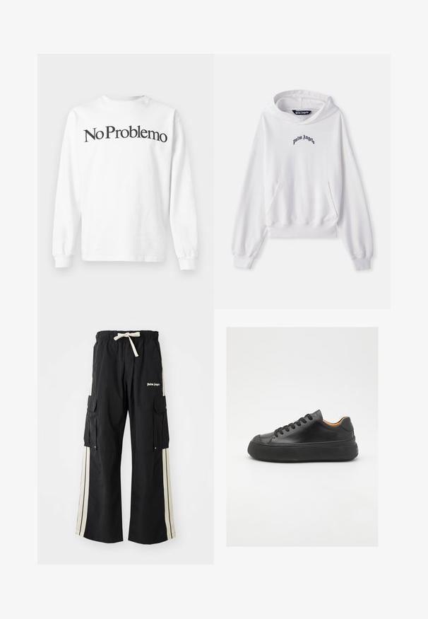 White hoodie made of cotton with a front kangaroo pocket, ribbed cuffs, and hem. Features black "Palm Angels" logo embroidered on the chest.; White long-sleeve t-shirt made of cotton with black text "No Problemo" printed across the chest. Simple design with crew neck and ribbed cuffs.; Black cargo pants with elastic waistband and drawstring, features cream side stripes, multiple pockets, and logo detail on the front.; Black leather sneaker with a round toe, lace-up front, smooth texture, thick rubber sole, and contrasting tan interior.