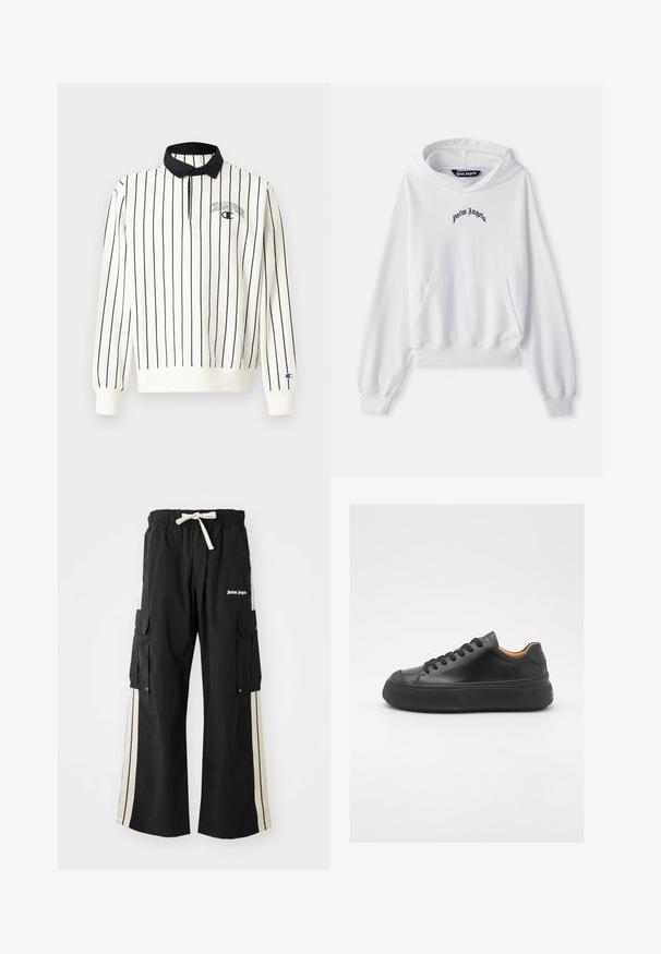 Bílá mikina s kapucí vyrobená z bavlny, s přední klokánkovou kapsou, žebrovanými manžetami a lemem. Na hrudi se vyjímá černé vyšívané logo "Palm Angels".; Bílý polo tričko s dlouhými rukávy, s černými vertikálními pruhy, pevným černým límcem a malým logem "Champion" na levém hrudníku. Manžetové rukávy.; Černé cargo kalhoty s elastickým pasem a šňůrkou, obsahují krémové postranní pruhy, více kapes a detail loga na přední straně.; Černé kožené tenisky s kulatou špičkou, šněrováním v přední části, hladkým povrchem, silnou gumovou podrážkou a kontrastním tan interiérem.