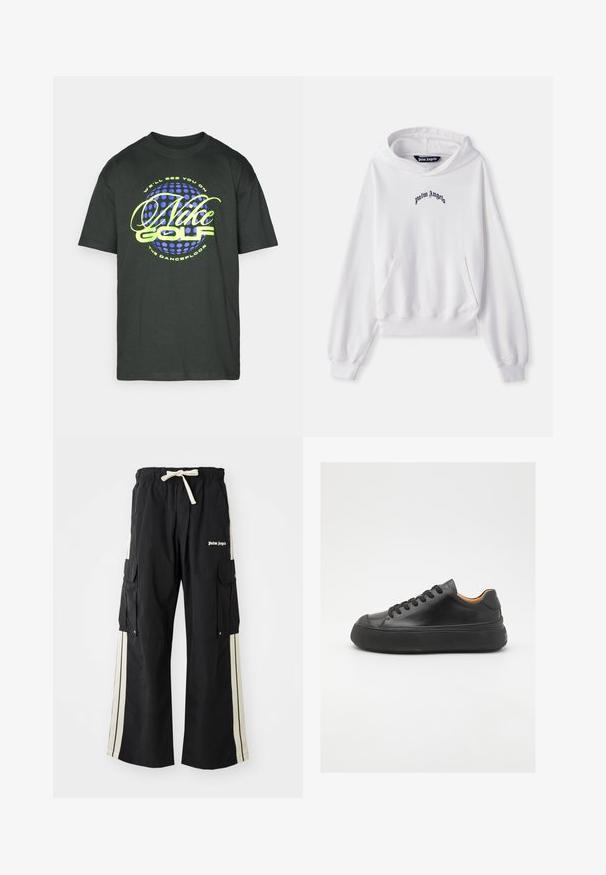 Sweatshirt branca feita de algodão, com um bolso tipo canguru na frente, punhos e barra canelados. Apresenta o logótipo preto "Palm Angels" bordado no peito.; T-shirt preto de manga curta feito de algodão. Apresenta um texto gráfico colorido "Nike Golf" em verde e azul, com um fundo de padrão circular.; Calças cargo pretas com cintura elástica e cordão, apresentam riscas laterais creme, vários bolsos e detalhe de logótipo à frente.; Sapatilha de couro preta com bico redondo, frente com atacadores, superfície lisa, sola de borracha grossa e interior em tom contrastante de castanho.