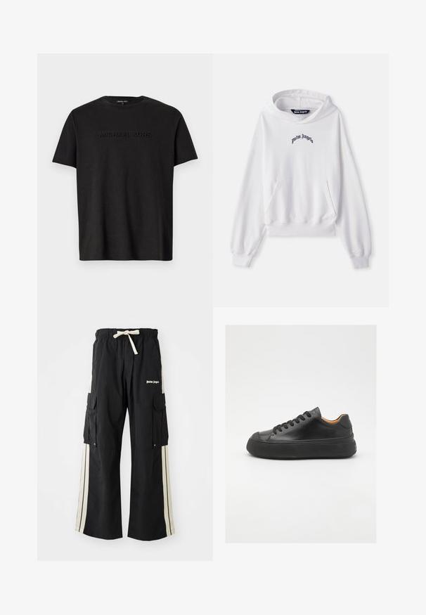 Bela kapuca iz bombaža s sprednjim žepom v obliki kenguruja, ribastimi manšeti in robom. Ima črn izvezen logo "Palm Angels" na prsih.; Črna bombažna majica s kratkimi rokavi, ki se ponaša z diskretno embosirano logotipom "MICHAEL KORS" čez prsi in klasičnim okroglim izrezom.; Črne cargo hlače z elastičnim pasom in vrvico, imajo smetanove stranske črte, več žepov in podrobnost z logotipom spredaj.; Črne usnjene superge z okroglo konico, vezalnim sprednjim delom, gladko teksturo, debelim gumijastim podplatom in kontrastno rjavim notranjim delom.