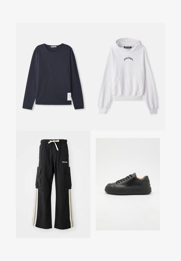 Baltas medvilninis džemperis su kišene priekyje, raštuotais rankogaliais ir apačia. Savybė - juodas išsiuvinėtas "Palm Angels" logotipas ant krūtinės.; Ilgą rankovę, apvalios kaklo marškinėlį tamsiai mėlynos spalvos iš minkštos medvilnės, kuriame yra maža balta etiketė kairiajame šone.; Juodos krovinių kelnės su elastinga juosmens juosta ir raišteliu, turinčios kremines šonines juosteles, kelis kišenes ir logotipo detalę priekyje.; Juodos odinės sportinės bateliai su apvaliu pirštu, raištelių užsegimu, lygiu paviršiumi, storu guminio pado ir kontrastinga tan spalvos vidine puse.