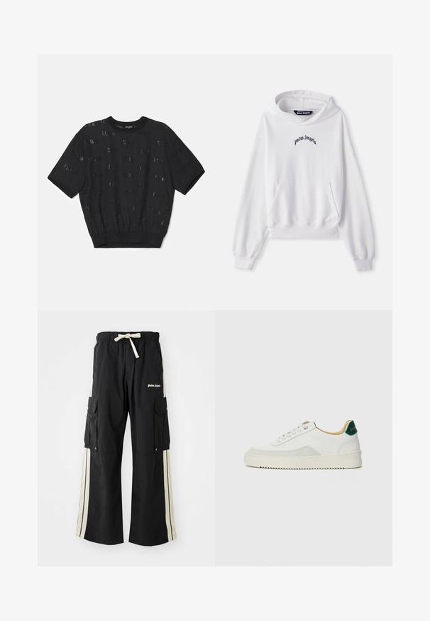 White hoodie made of cotton with a front kangaroo pocket, ribbed cuffs, and hem. Features black "Palm Angels" logo embroidered on the chest.; Black short-sleeve sweater with textured fabric, featuring a ribbed hem and scattered sequined letters throughout the body.; Black cargo pants with elastic waistband and drawstring, features cream side stripes, multiple pockets, and logo detail on the front.; White sneaker with suede accents, rounded toe, flat laces, and a cream rubber sole. Features green branding on the heel.