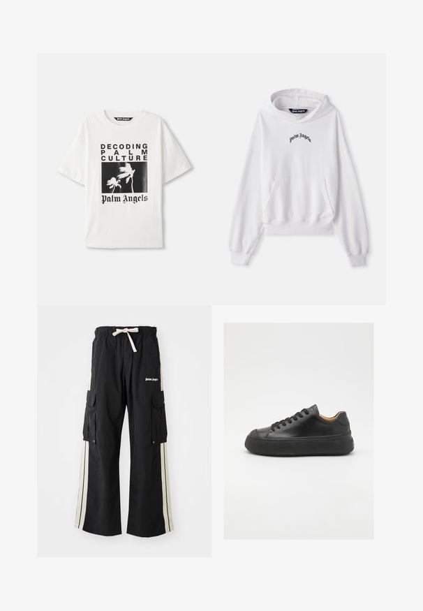 Biała bluza z kapturem wykonana z bawełny, z przednią kieszenią typu kangaroo, elastycznymi mankietami i dołem. Posiada czarne logo "Palm Angels" wyhaftowane na klatce piersiowej.; Biała koszulka z bawełny z czarnym nadrukiem graficznym przedstawiającym palmy, hasłem "DEKODOWANIE KULTURY PALMOWEJ" oraz wyrazistym napisem "Palm Angels".; Czarne spodnie cargo z elastycznym paskiem w talii i sznurkiem, z kremowymi paskami po bokach, wieloma kieszeniami i detalem z logo z przodu.; Czarne skórzane trampki z okrągłym noskiem, sznurowanym przodem, gładką teksturą, grubą gumową podeszwą i kontrastującym, tanowym wnętrzem.