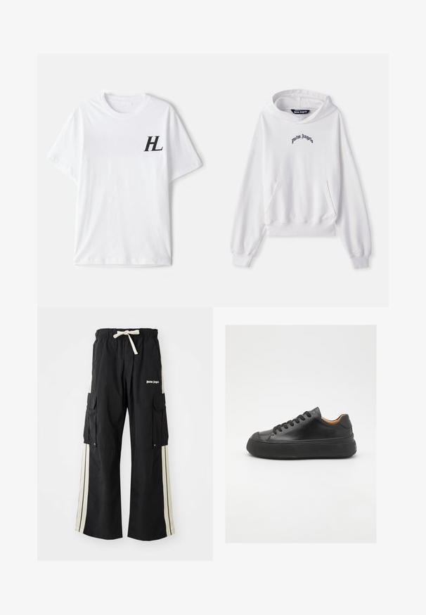 White hoodie made of cotton with a front kangaroo pocket, ribbed cuffs, and hem. Features black "Palm Angels" logo embroidered on the chest.; White cotton t-shirt with a crew neck, short sleeves, and a black "HL" logo on the left chest area. Soft texture, relaxed fit.; Black cargo pants with elastic waistband and drawstring, features cream side stripes, multiple pockets, and logo detail on the front.; Black leather sneaker with a round toe, lace-up front, smooth texture, thick rubber sole, and contrasting tan interior.