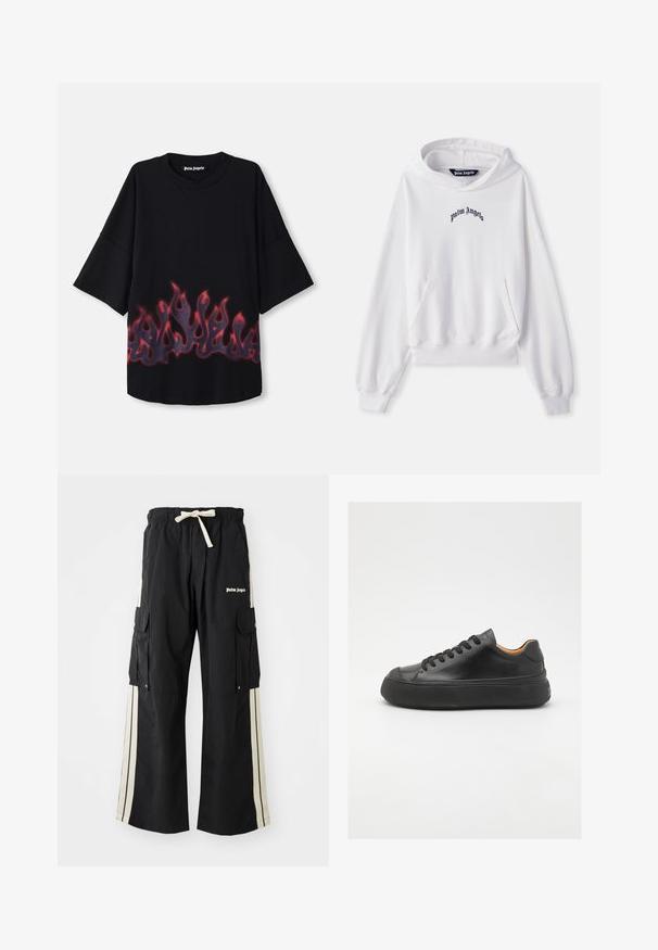 Baltas medvilninis džemperis su kišene priekyje, raštuotais rankogaliais ir apačia. Savybė - juodas išsiuvinėtas "Palm Angels" logotipas ant krūtinės.; Juodas trumpas rankovėmis medvilninis marškinėliai, su raudonai mėlynu liepsnos raštu apatinėje dalyje; apykaklės dizainas.; Juodos krovinių kelnės su elastinga juosmens juosta ir raišteliu, turinčios kremines šonines juosteles, kelis kišenes ir logotipo detalę priekyje.; Juodos odinės sportinės bateliai su apvaliu pirštu, raištelių užsegimu, lygiu paviršiumi, storu guminio pado ir kontrastinga tan spalvos vidine puse.