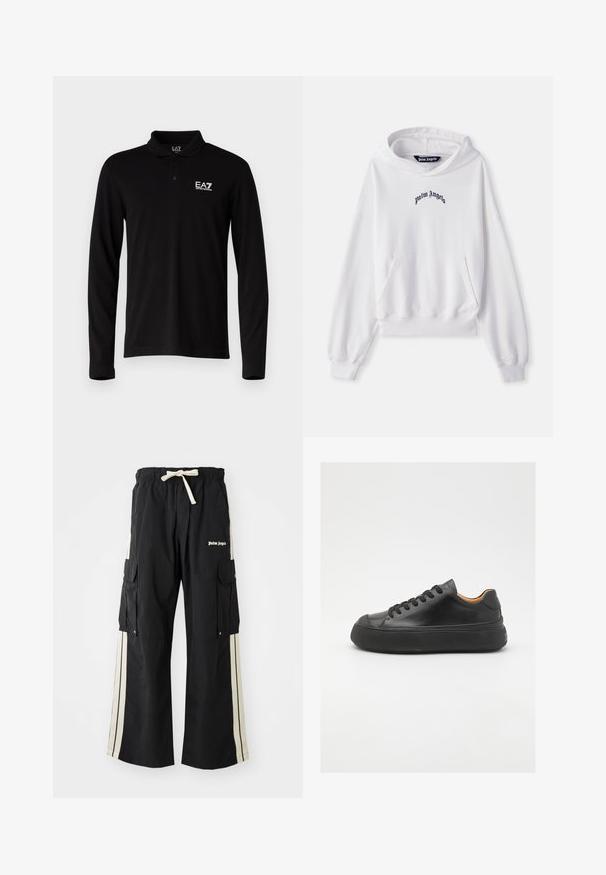 Baltas medvilninis džemperis su kišene priekyje, raštuotais rankogaliais ir apačia. Savybė - juodas išsiuvinėtas "Palm Angels" logotipas ant krūtinės.; Juodas ilgarankovė polo marškiniai, pagaminti iš medvilnės, su trimis mygtukais ir balta siuvinėta logo kairiajame krūtinės pusėje.; Juodos krovinių kelnės su elastinga juosmens juosta ir raišteliu, turinčios kremines šonines juosteles, kelis kišenes ir logotipo detalę priekyje.; Juodos odinės sportinės bateliai su apvaliu pirštu, raištelių užsegimu, lygiu paviršiumi, storu guminio pado ir kontrastinga tan spalvos vidine puse.