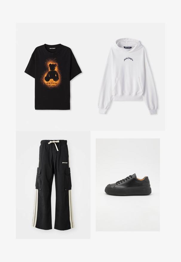 Bílá mikina s kapucí vyrobená z bavlny, s přední klokánkovou kapsou, žebrovanými manžetami a lemem. Na hrudi se vyjímá černé vyšívané logo "Palm Angels".; Černé bavlněné tričko s siluetou medvěda v oranžové barvě a texturovaným halo efektem. Na přední straně je text "BEAR IN MIND."; Černé cargo kalhoty s elastickým pasem a šňůrkou, obsahují krémové postranní pruhy, více kapes a detail loga na přední straně.; Černé kožené tenisky s kulatou špičkou, šněrováním v přední části, hladkým povrchem, silnou gumovou podrážkou a kontrastním tan interiérem.