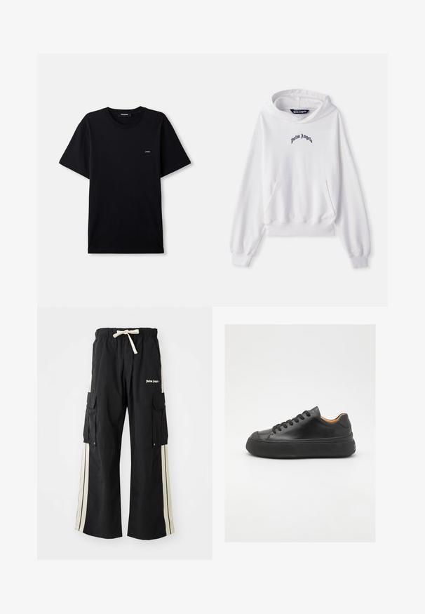 Felpa bianca in cotone con tasca a marsupio frontale, polsini e orlo a coste. Presenta il logo "Palm Angels" ricamato in nero sul petto.; T-shirt di cotone nero con maniche corte, colletto a giro e un piccolo etichetta con il marchio sul petto. Texture liscia, vestibilità classica.; Pantaloni cargo neri con cintura elastica e cordino, caratterizzati da bande laterali crema, numerose tasche e dettaglio logo sul davanti.; Sneaker in pelle nera con punta tonda, allacciatura frontale, superficie liscia, suola in gomma spessa e interno a contrasto color nocciola.