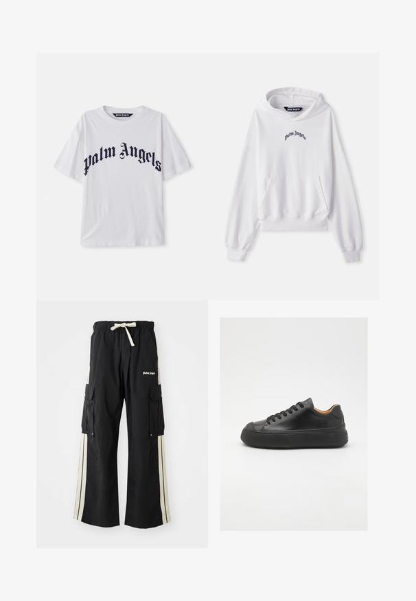 Fehér pamut kapucnis pulóver, elöl kenguruzsebbel, bordás mandzsettával és szegéllyel. A mellkasán fekete hímzett "Palm Angels" logó található.; Fehér pamut póló, merész, sötétkék "Palm Angels" felirattal, ívelt kialakításban. Rövid ujjú és kerek nyakú. Sima textúra.; Fekete cargo nadrág elasztikus derékkal és zsinórral, krémszínű oldalsávokkal, több zsebbel és logós részlettel az elején.; Fekete bőr sportcipő kerek orral, fűzős elejével, sima textúrájával, vastag gumitalpával és kontrasztos barnás belsejével.