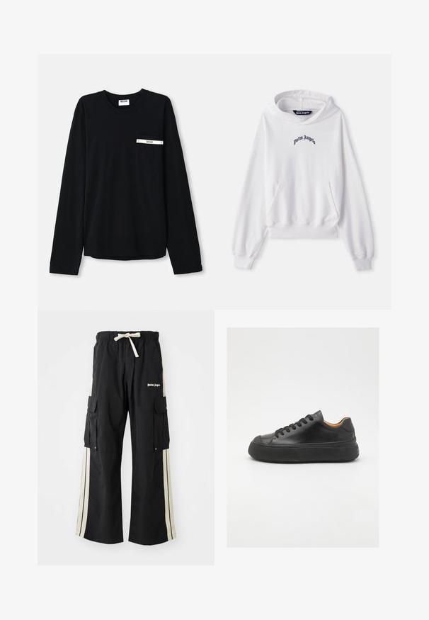 Valge puuvillane kapuutsiga dressipluus ees oleva kängurupocketiga, soonikkoes varrukate ja äärtega. Rinnal on must "Palm Angels" logo tikandina.; Musta pikkade varrukatega T-särk, mis on valmistatud pehmest puuvillast, millel on rinnatasku valge riba ja sildi detailiga. Ümar kaelus ja sirge kerelaius.; Mustad mustar püksid elastse vöökoha ja nööriga, kreemivärvi külgedel, mitme taskuga ning logo detailiga ees.; Mustmust mustarist king kätšiga, ümar varvas, nöörimisega esiosa, sile tekstuur, paks kummist tall ja kontrastne pruun sisemus.