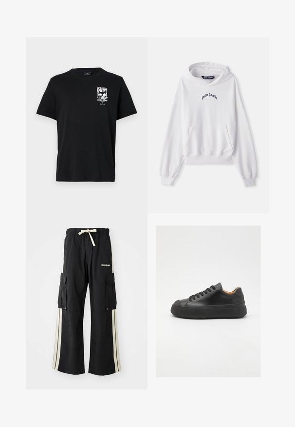 White hoodie made of cotton with a front kangaroo pocket, ribbed cuffs, and hem. Features black "Palm Angels" logo embroidered on the chest.; Black cotton T-shirt with short sleeves, featuring a white graphic print with text and skulls on the left chest. Classic crew neck design.; Black cargo pants with elastic waistband and drawstring, features cream side stripes, multiple pockets, and logo detail on the front.; Black leather sneaker with a round toe, lace-up front, smooth texture, thick rubber sole, and contrasting tan interior.