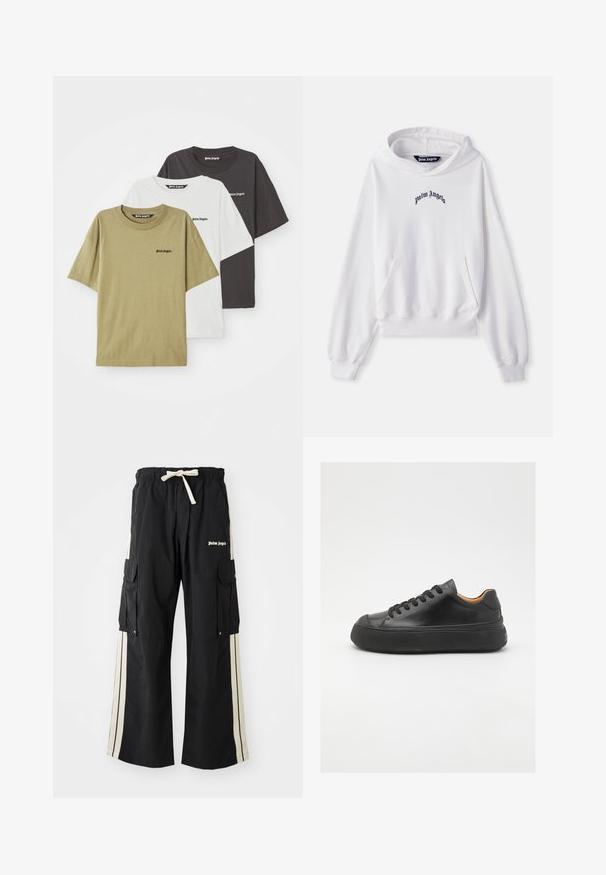 Balta kapuci džemperis, izgatavots no kokvilnas, ar priekšējo kangaroo kabatu, ribotiem piedurkņu galiem un apakšmalu. Uz krūtīm ir melns izsistais "Palm Angels" logo.; Trīs T-krekli olīvu zaļā, baltā un melnā krāsā, izgatavoti no kokvilnas, ar īsām piedurknēm un apaļu kakla izgriezumu, ar zīmola logotipu uz krūtīm.; Melni kravas bikses ar elastīgu jostasvītru un auklu, ar krēmkrāsas sānu svītrām, vairākām kabatām un logotipa detaļu priekšpusē.; Melna ādas sporta kurpe ar apaļu purngalu, ar auklēm priekšā, gluda tekstūra, bieza gumijas zole un kontrastējošs brūns iekšpuses materiāls.