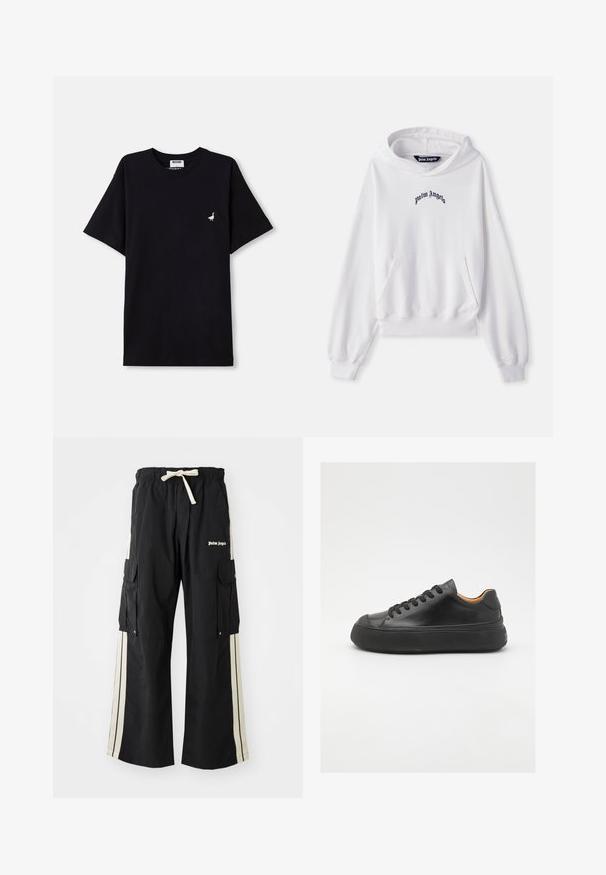 Baltas medvilninis džemperis su kišene priekyje, raštuotais rankogaliais ir apačia. Savybė - juodas išsiuvinėtas "Palm Angels" logotipas ant krūtinės.; Juodas medvilnės marškinėliai trumpomis rankovėmis, su mažu siuvinėjimu žąsies akcentu ant krūtinės ir apvaliu iškirpimu.; Juodos krovinių kelnės su elastinga juosmens juosta ir raišteliu, turinčios kremines šonines juosteles, kelis kišenes ir logotipo detalę priekyje.; Juodos odinės sportinės bateliai su apvaliu pirštu, raištelių užsegimu, lygiu paviršiumi, storu guminio pado ir kontrastinga tan spalvos vidine puse.