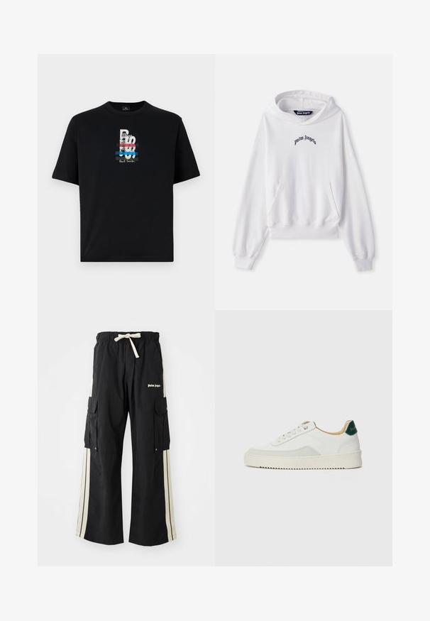 White hoodie made of cotton with a front kangaroo pocket, ribbed cuffs, and hem. Features black "Palm Angels" logo embroidered on the chest.; Black cotton t-shirt with a crew neck, featuring a multicolored graphic print and text that includes a zebra motif and “Paul Smith.”; Black cargo pants with elastic waistband and drawstring, features cream side stripes, multiple pockets, and logo detail on the front.; White sneaker with suede accents, rounded toe, flat laces, and a cream rubber sole. Features green branding on the heel.