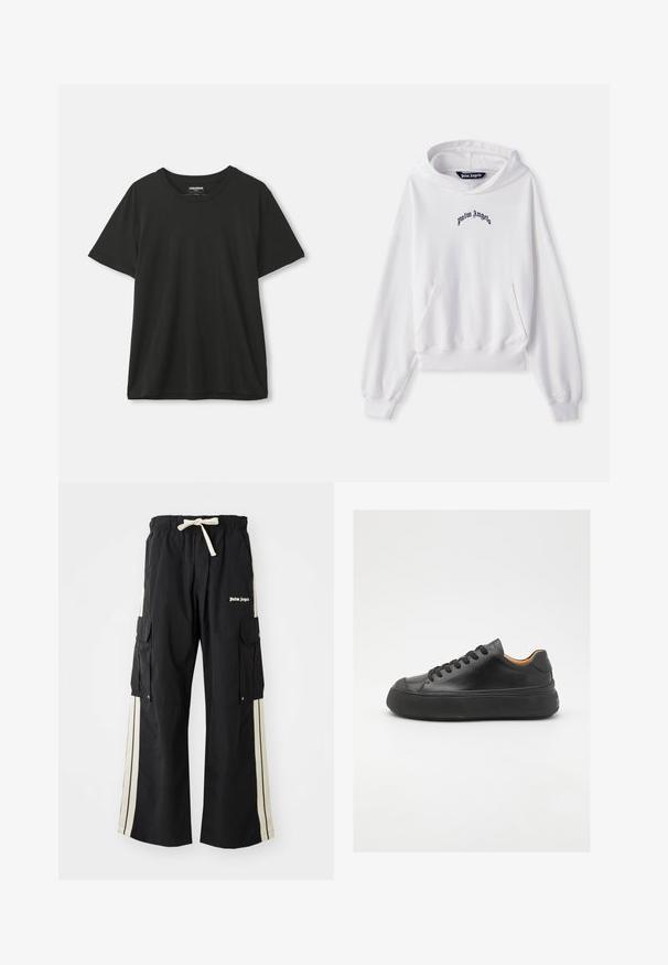 Valge puuvillane kapuutsiga dressipluus ees oleva kängurupocketiga, soonikkoes varrukate ja äärtega. Rinnal on must "Palm Angels" logo tikandina.; Mustad lühike varrukas, ümar kaelusega T-särk ripub liikuva valge tausta ees, sildi on näha krae sees.; Mustad mustar püksid elastse vöökoha ja nööriga, kreemivärvi külgedel, mitme taskuga ning logo detailiga ees.; Mustmust mustarist king kätšiga, ümar varvas, nöörimisega esiosa, sile tekstuur, paks kummist tall ja kontrastne pruun sisemus.