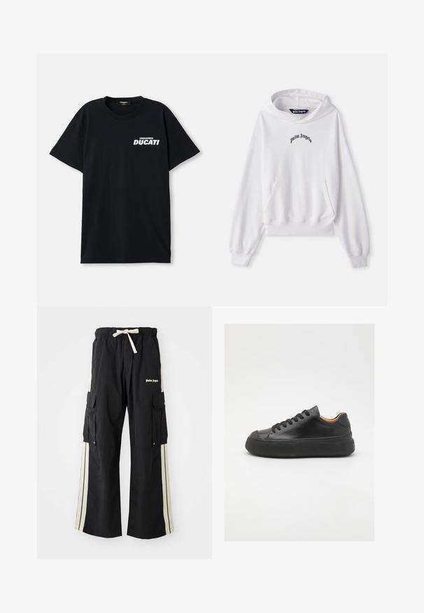 Hvid hættetrøje lavet af bomuld med en frontlomme i kengurustil, ribbede manchetter og kant. Har et sort "Palm Angels" logo broderet på brystet.; Sort bomulds T-shirt med korte ærmer, der har et hvidt "DSQUARED2 DUCATI" logo på venstre forsiden. Rund halsudskæring.; Sorte cargo bukser med elastisk talje og snoretræk, har cremefarvede sidelommer, flere lommer og logo detalje foran.; Sort lædersneaker med rund tå, snørebånd foran, glat overflade, tyk gummisål og kontrasterende tan inderside.
