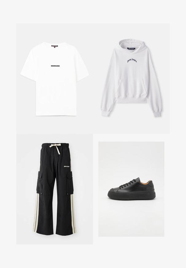 Balta kapuci džemperis, izgatavots no kokvilnas, ar priekšējo kangaroo kabatu, ribotiem piedurkņu galiem un apakšmalu. Uz krūtīm ir melns izsistais "Palm Angels" logo.; Balts kokvilnas T-krekls ar brīvu piegriezumu, ar īsām piedurknēm un melnu "MICHAEL KORS" logotipu, kas iespiests centrā.; Melni kravas bikses ar elastīgu jostasvītru un auklu, ar krēmkrāsas sānu svītrām, vairākām kabatām un logotipa detaļu priekšpusē.; Melna ādas sporta kurpe ar apaļu purngalu, ar auklēm priekšā, gluda tekstūra, bieza gumijas zole un kontrastējošs brūns iekšpuses materiāls.