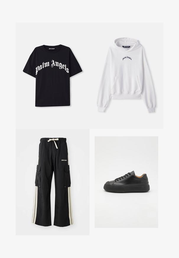 Bílá mikina s kapucí vyrobená z bavlny, s přední klokánkovou kapsou, žebrovanými manžetami a lemem. Na hrudi se vyjímá černé vyšívané logo "Palm Angels".; Černé bavlněné tričko s krátkými rukávy a kulatým výstřihem, na přední straně s bílým textem "Palm Angels" napsaným křivým, zdobeným písmem.; Černé cargo kalhoty s elastickým pasem a šňůrkou, obsahují krémové postranní pruhy, více kapes a detail loga na přední straně.; Černé kožené tenisky s kulatou špičkou, šněrováním v přední části, hladkým povrchem, silnou gumovou podrážkou a kontrastním tan interiérem.