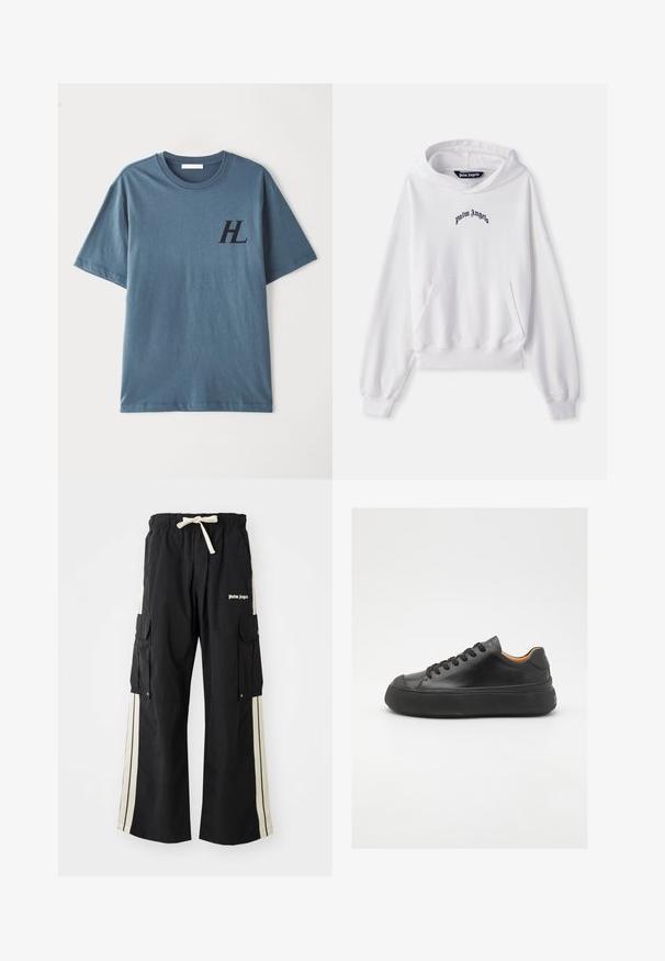 Biela mikina z bavlny s prednou kengurou vreckom, rebrovanými manžetami a lemom. Obsahuje čierne vyšívané logo "Palm Angels" na hrudi.; Modrá bavlnená tričko s krátkym rukávom s tmavým logom "HL" na hrudi. Tkanina má hladkú textúru a okrúhly výstrih.; Čierne cargo nohavice s elastickým pásom a šnúrkou, obsahujú krémové bočné pruhy, viaceré vrecká a logom na prednej strane.; Čierne kožené tenisky s okrúhlou špičkou, šnurovaním vpredu, hladkou textúrou, hrubou gumovou podrážkou a kontrastným béžovým interiérom.
