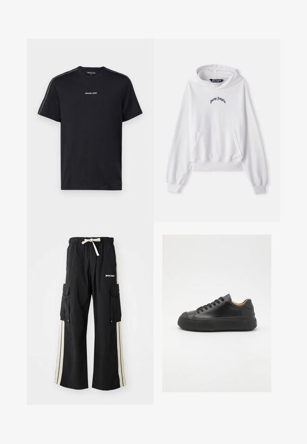 Balta kapuci džemperis, izgatavots no kokvilnas, ar priekšējo kangaroo kabatu, ribotiem piedurkņu galiem un apakšmalu. Uz krūtīm ir melns izsistais "Palm Angels" logo.; Melnas kokvilnas T-krekls ar īsām piedurknēm, apaļu kakla izgriezumu un baltu tekstu "MICHAEL KORS" uz krūtīm ar kontrastējošiem sānu svītrām.; Melni kravas bikses ar elastīgu jostasvītru un auklu, ar krēmkrāsas sānu svītrām, vairākām kabatām un logotipa detaļu priekšpusē.; Melna ādas sporta kurpe ar apaļu purngalu, ar auklēm priekšā, gluda tekstūra, bieza gumijas zole un kontrastējošs brūns iekšpuses materiāls.