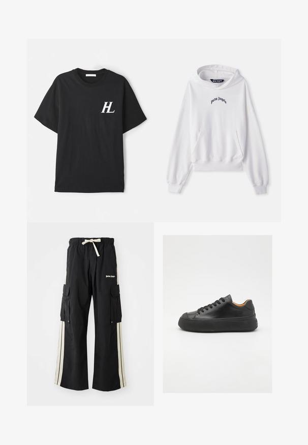 Valge puuvillane kapuutsiga dressipluus ees oleva kängurupocketiga, soonikkoes varrukate ja äärtega. Rinnal on must "Palm Angels" logo tikandina.; Must musta T-särk lühikeste varrukatega, millel on vasakul rinnal valge "HL" logo. Tavaline lõige, sile tekstuur ja klassikaline ümmargune kaelus.; Mustad mustar püksid elastse vöökoha ja nööriga, kreemivärvi külgedel, mitme taskuga ning logo detailiga ees.; Mustmust mustarist king kätšiga, ümar varvas, nöörimisega esiosa, sile tekstuur, paks kummist tall ja kontrastne pruun sisemus.