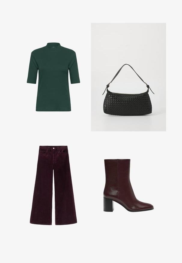 Pull crème loose avec un col côtelé, des manches trois-quarts et une coupe courte. Texture douce, design minimaliste.; Haut court à manches courtes vert foncé à côtes avec un col montant et une silhouette ajustée. Texture lisse, design minimaliste, sans motifs ni accents visibles.; Pantalons en velours côtelé évasés en bourgogne profond, avec une taille haute, une fermeture à bouton et un design classique à cinq poches avec une texture côtelée.; Bottes à chevilles bourgogne en cuir lisse, avec un bout pointu et un talon épais et texturé noir. Design minimaliste avec des lignes épurées.; Sac à épaule tissé noir avec une bandoulière en cuir lisse et une fermeture éclair. Présente une surface texturée et une forme courbée.